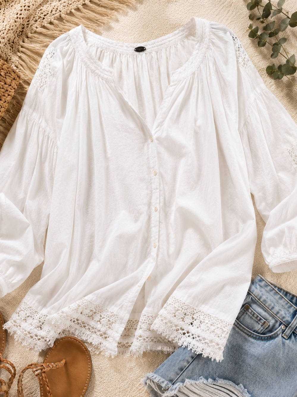 Cupio White Boho Lace Trim Peasant Blouse XL 23ptp